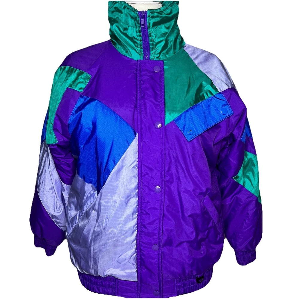 Green Mountain Vtg 90s Puffer Jacket M Zip + Snap Pocket Hi Neck Ski Windbreaker